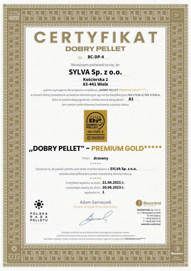 Certyfikat Gold Dobry Pellet